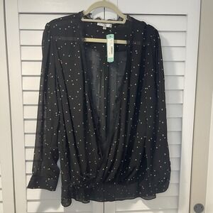 Q&A Women's Moria Embroidery Detail Blouse Black XXL NWT Draped Long Sleeve